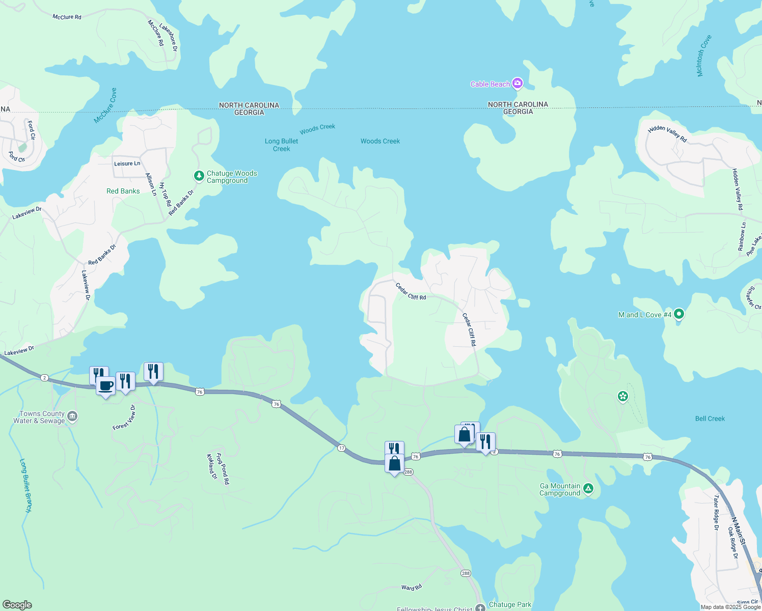 map of restaurants, bars, coffee shops, grocery stores, and more near 1803 Chatuge Hill in Hiawassee