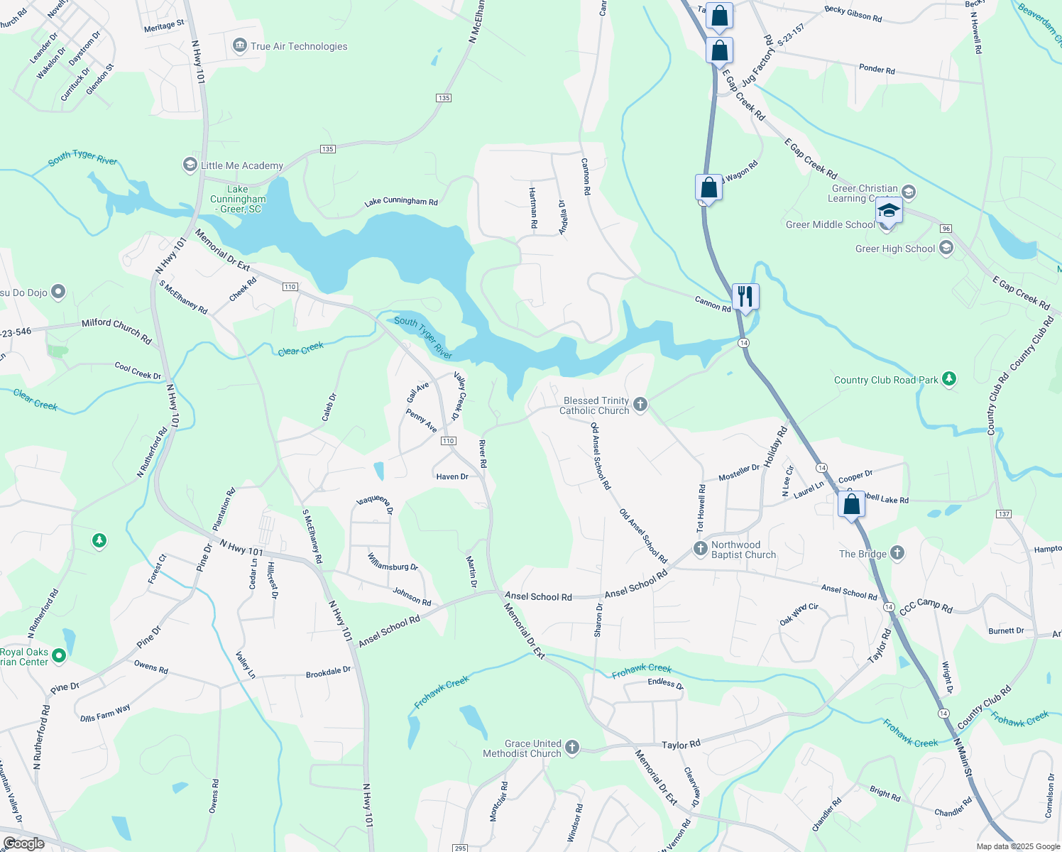 map of restaurants, bars, coffee shops, grocery stores, and more near 225 Saddle Creek Court in Greer