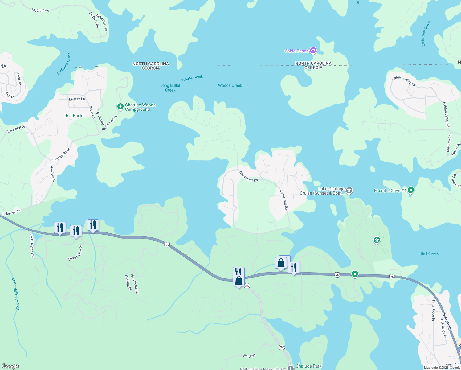 map of restaurants, bars, coffee shops, grocery stores, and more near 1714 Chatuge Shores in Hiawassee