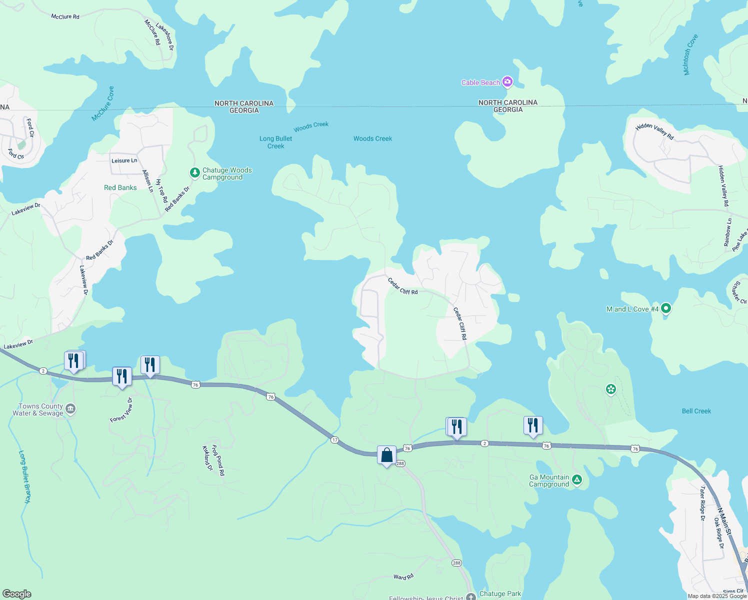 map of restaurants, bars, coffee shops, grocery stores, and more near 1803 Chatuge Hill in Hiawassee