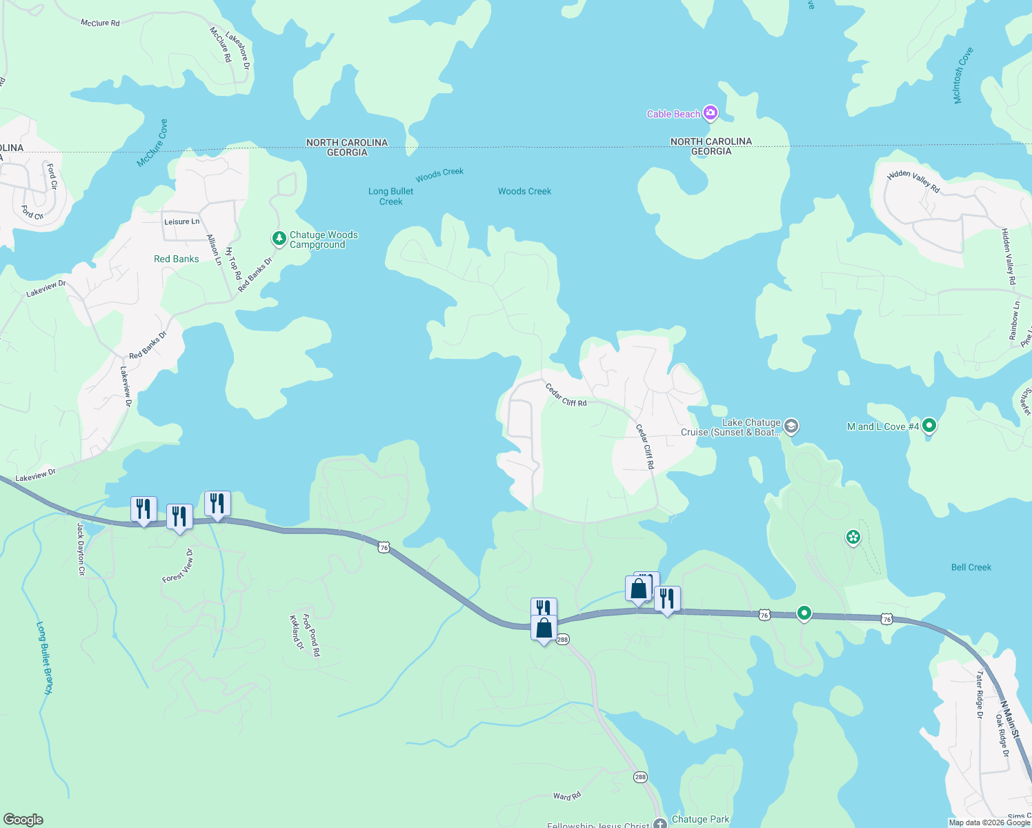 map of restaurants, bars, coffee shops, grocery stores, and more near 1714 Chatuge Shores in Hiawassee