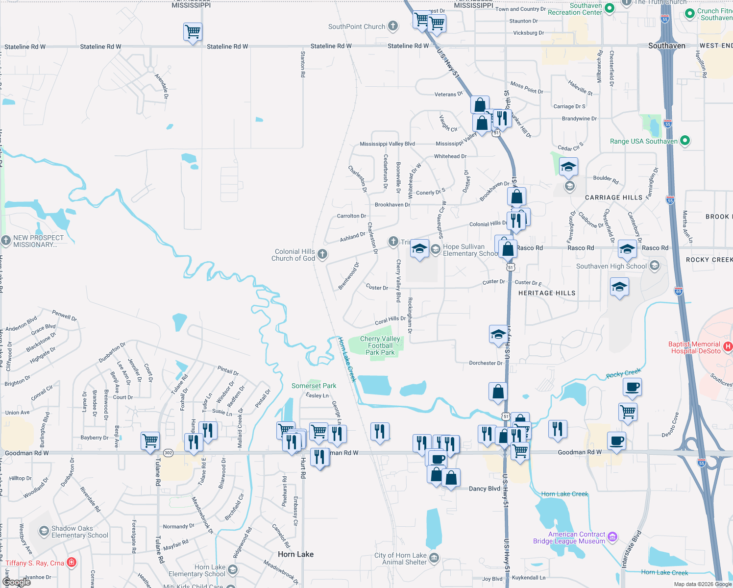 map of restaurants, bars, coffee shops, grocery stores, and more near 2192 Holbrook Cove in Southaven