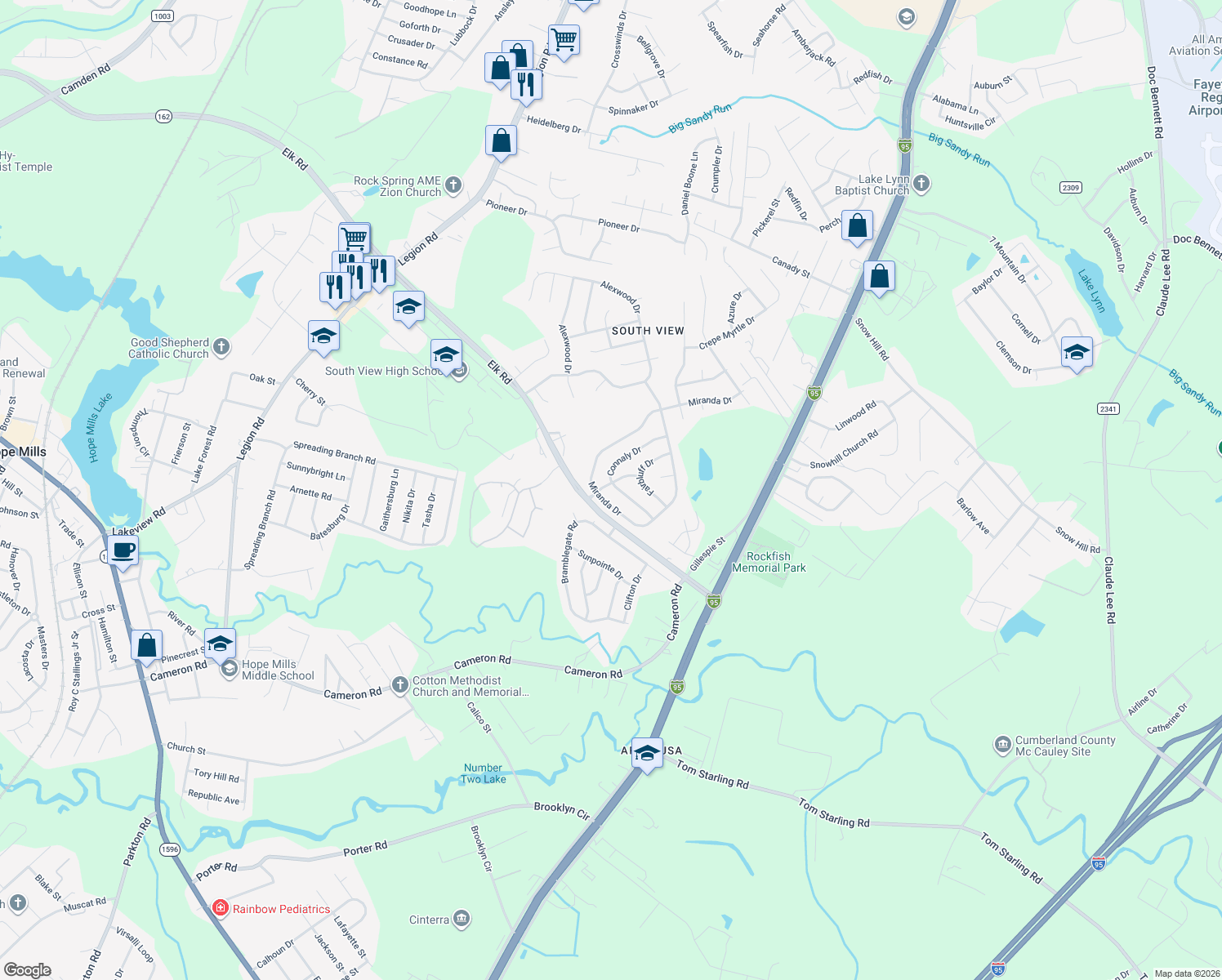 map of restaurants, bars, coffee shops, grocery stores, and more near 806 Connaly Dr in Hope Mills