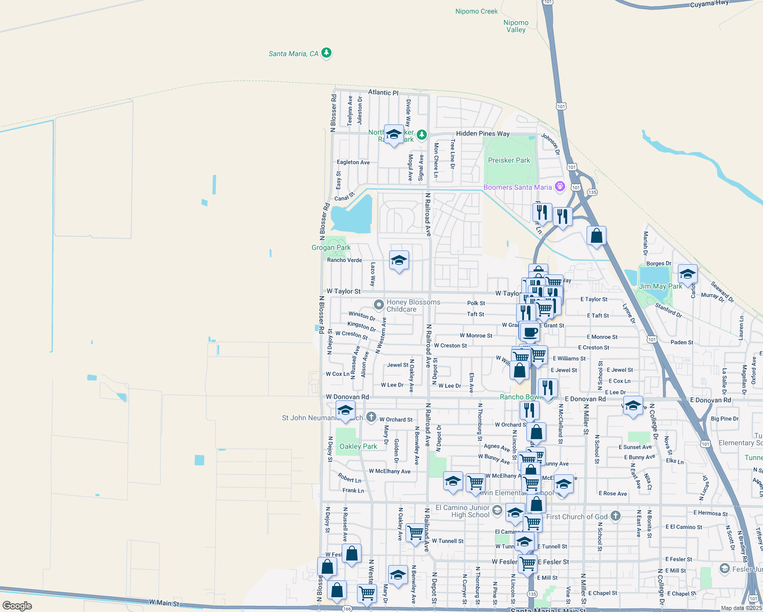 map of restaurants, bars, coffee shops, grocery stores, and more near 1009 Colebrook Drive in Santa Maria