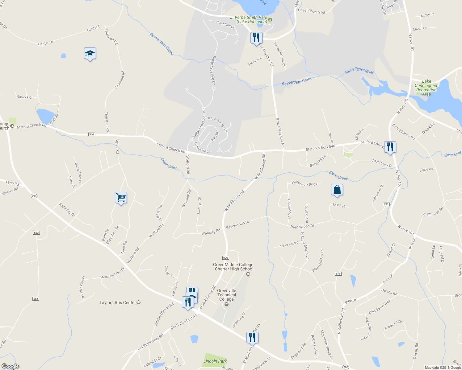 map of restaurants, bars, coffee shops, grocery stores, and more near 385 West McElhaney Road in Taylors