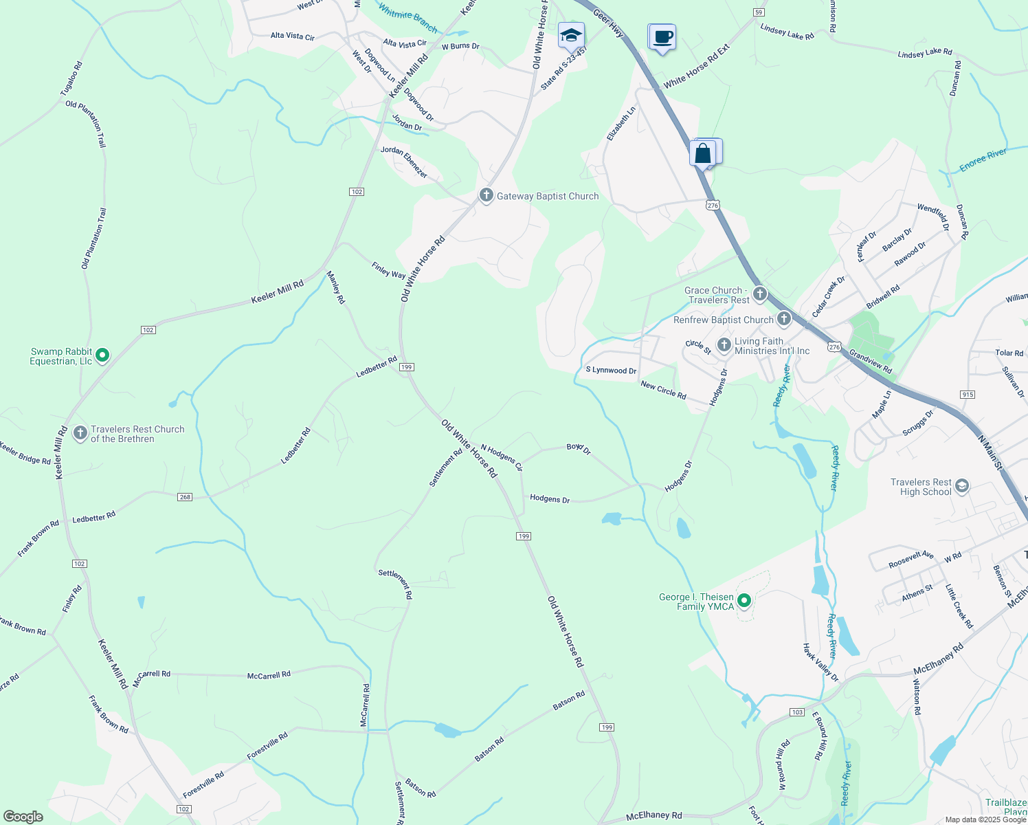 map of restaurants, bars, coffee shops, grocery stores, and more near 40 Ashley Court in Travelers Rest