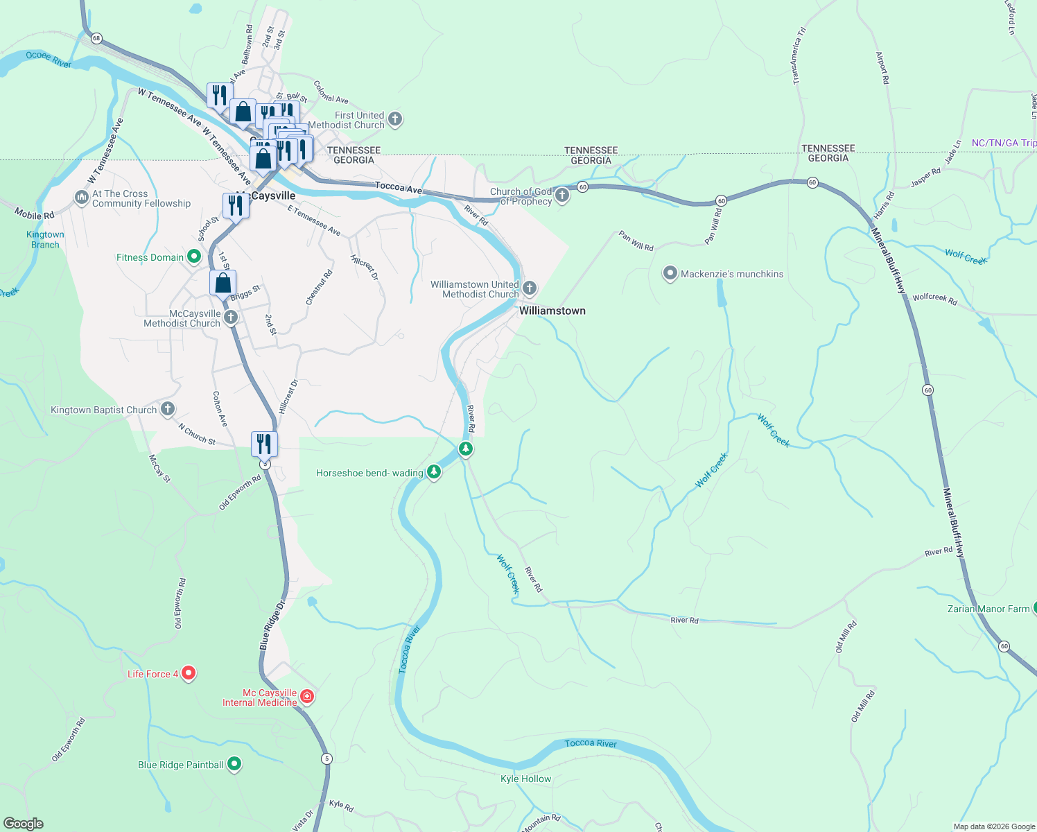 map of restaurants, bars, coffee shops, grocery stores, and more near 500 River Way in Blue Ridge