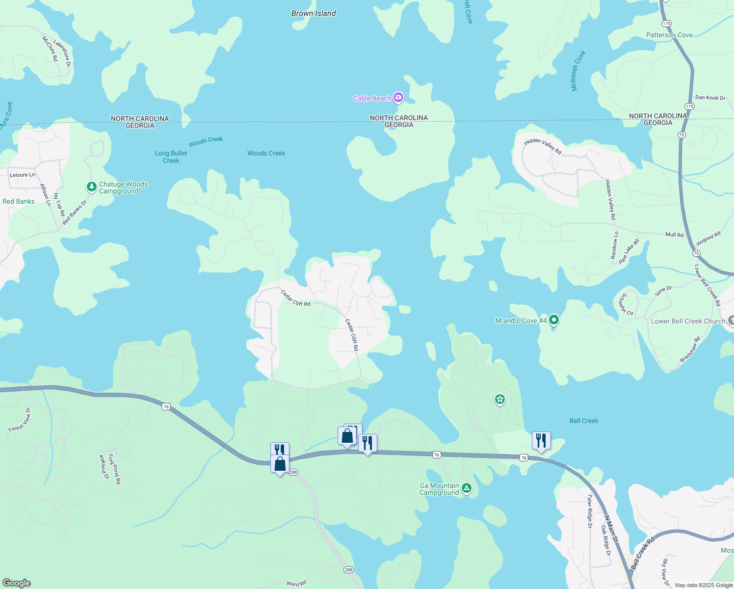 map of restaurants, bars, coffee shops, grocery stores, and more near 1471 Heathers Cove Circle in Hiawassee