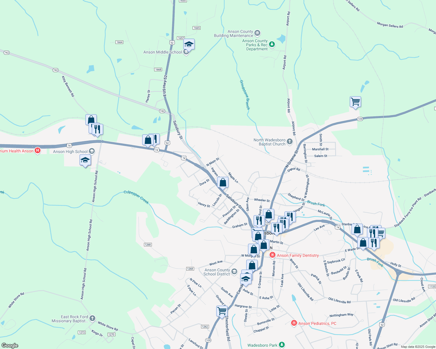 map of restaurants, bars, coffee shops, grocery stores, and more near 804 Ingram Street in Wadesboro