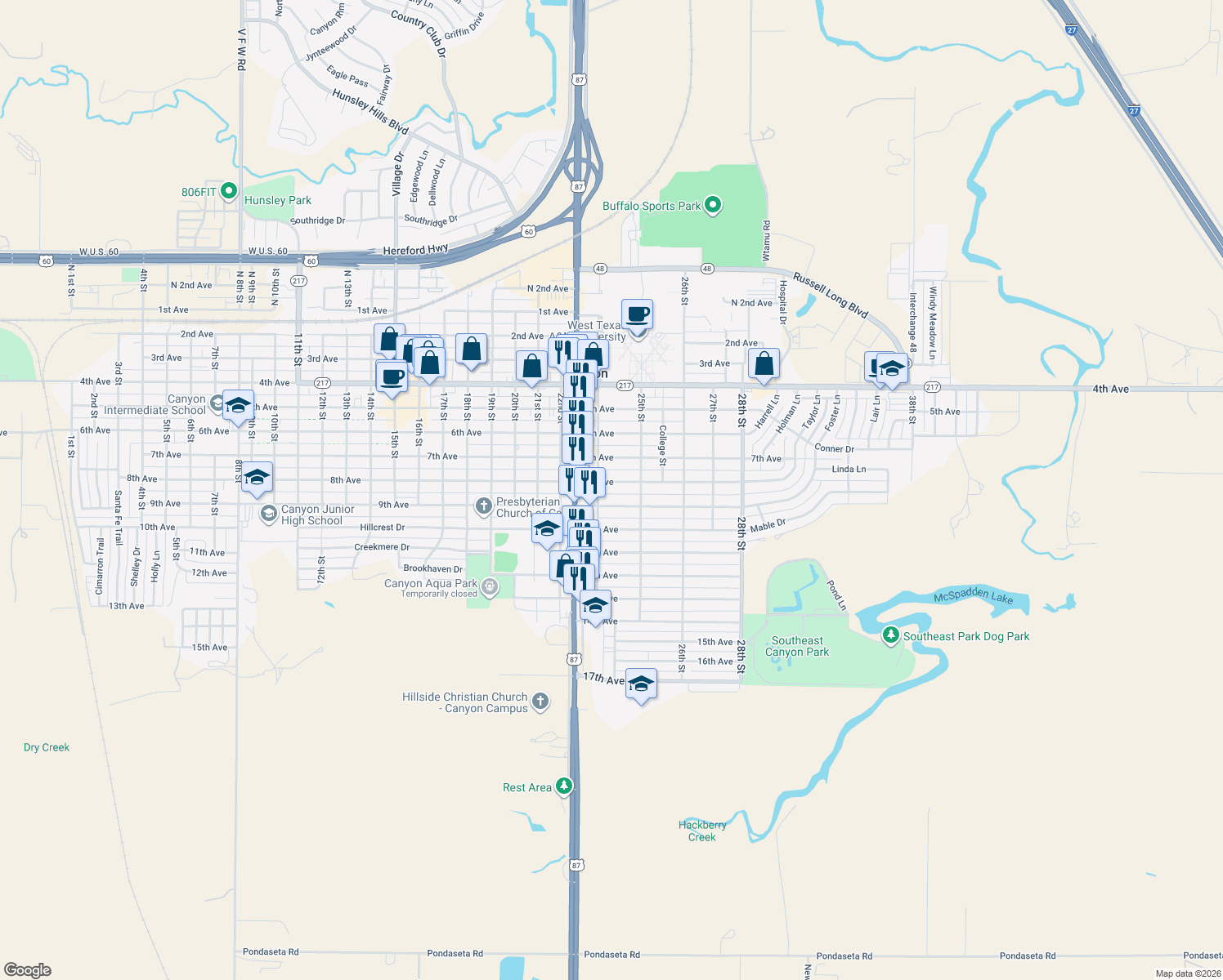 map of restaurants, bars, coffee shops, grocery stores, and more near 2406 8th Ave in Canyon