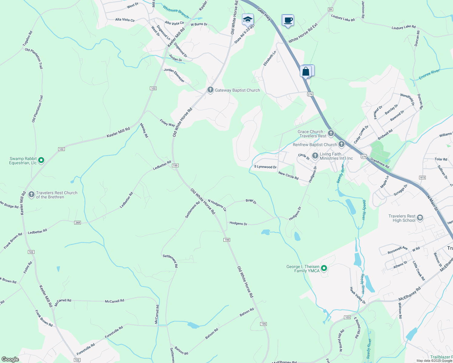 map of restaurants, bars, coffee shops, grocery stores, and more near 40 Ashley Court in Travelers Rest