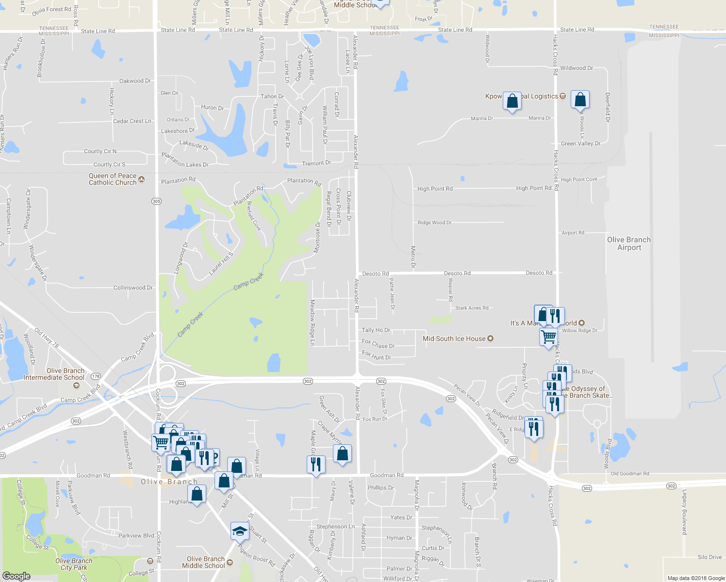 map of restaurants, bars, coffee shops, grocery stores, and more near 7910 Alexander Road in Olive Branch