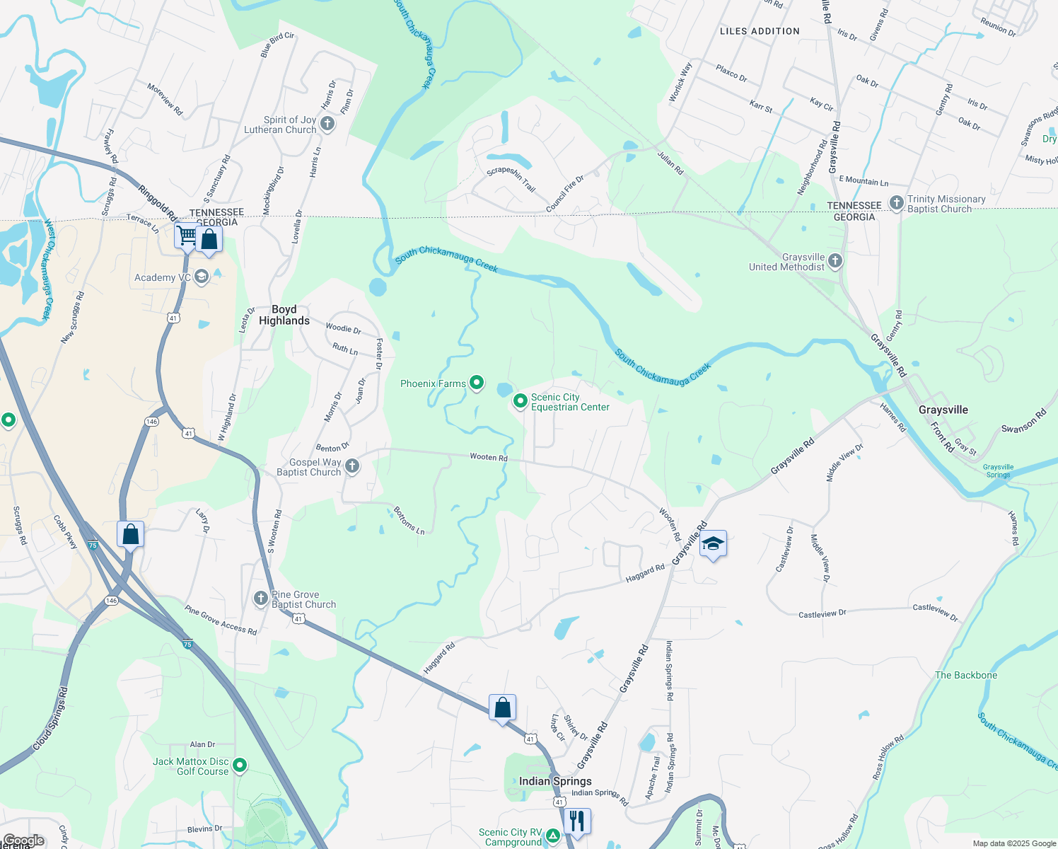 map of restaurants, bars, coffee shops, grocery stores, and more near 141 Meadow Green Drive in Ringgold