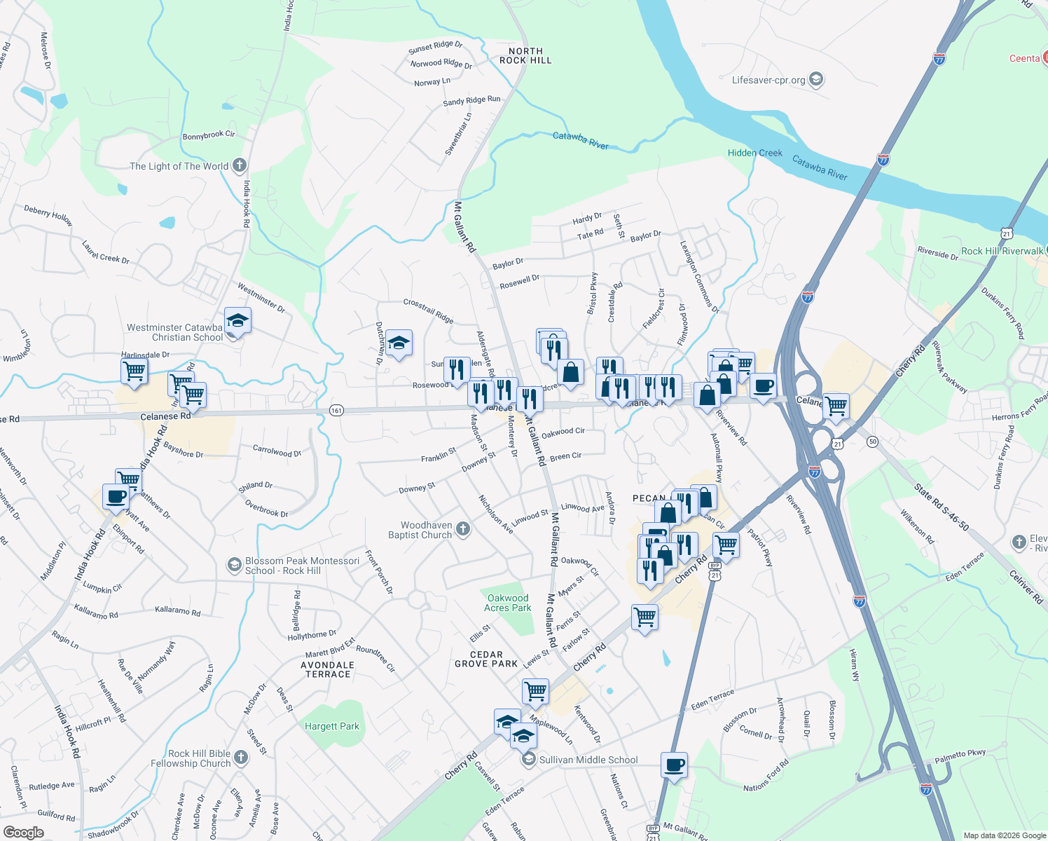 map of restaurants, bars, coffee shops, grocery stores, and more near 1761 Mount Gallant Road in Rock Hill
