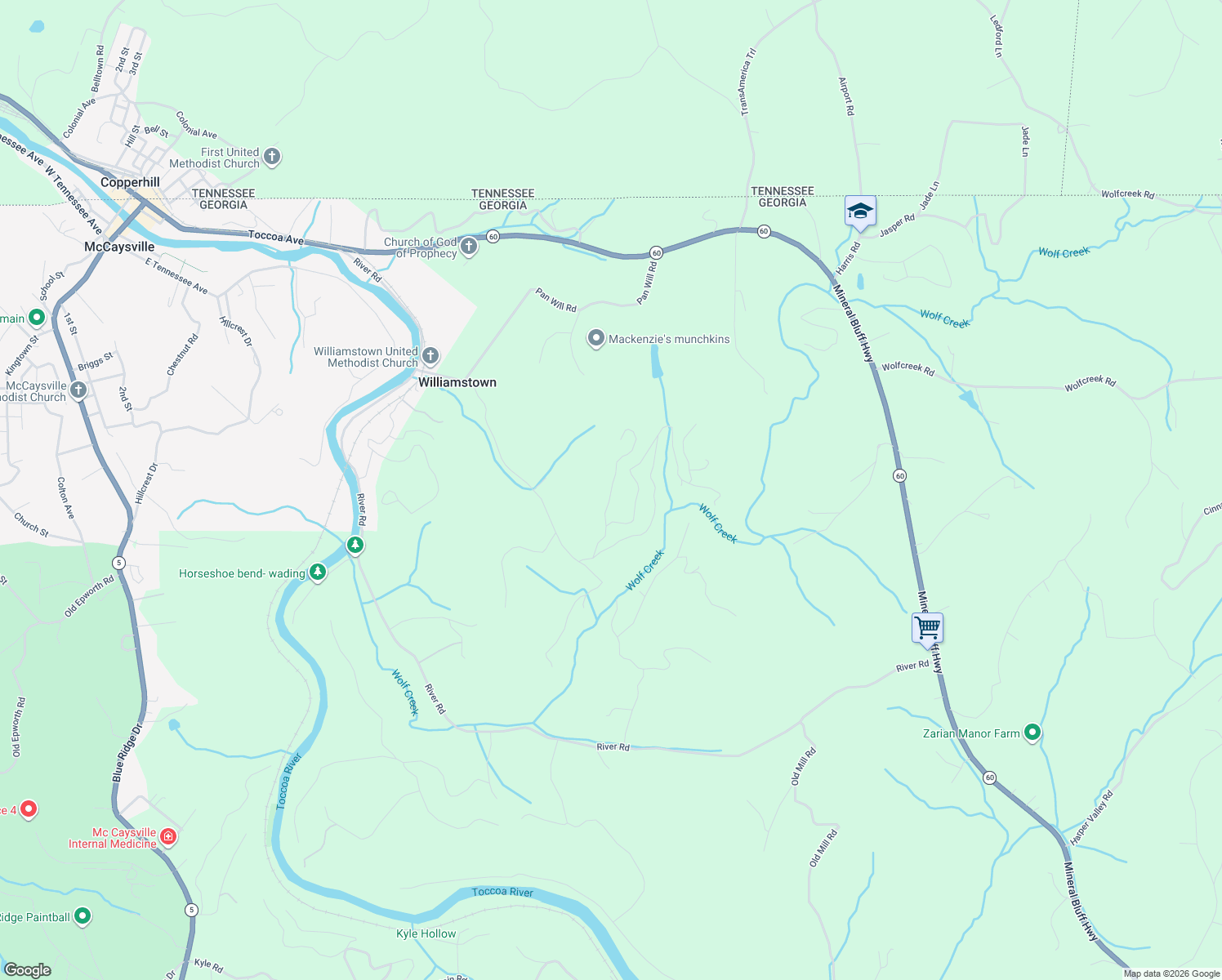 map of restaurants, bars, coffee shops, grocery stores, and more near 260 Wolf Creek Road in Mineral Bluff