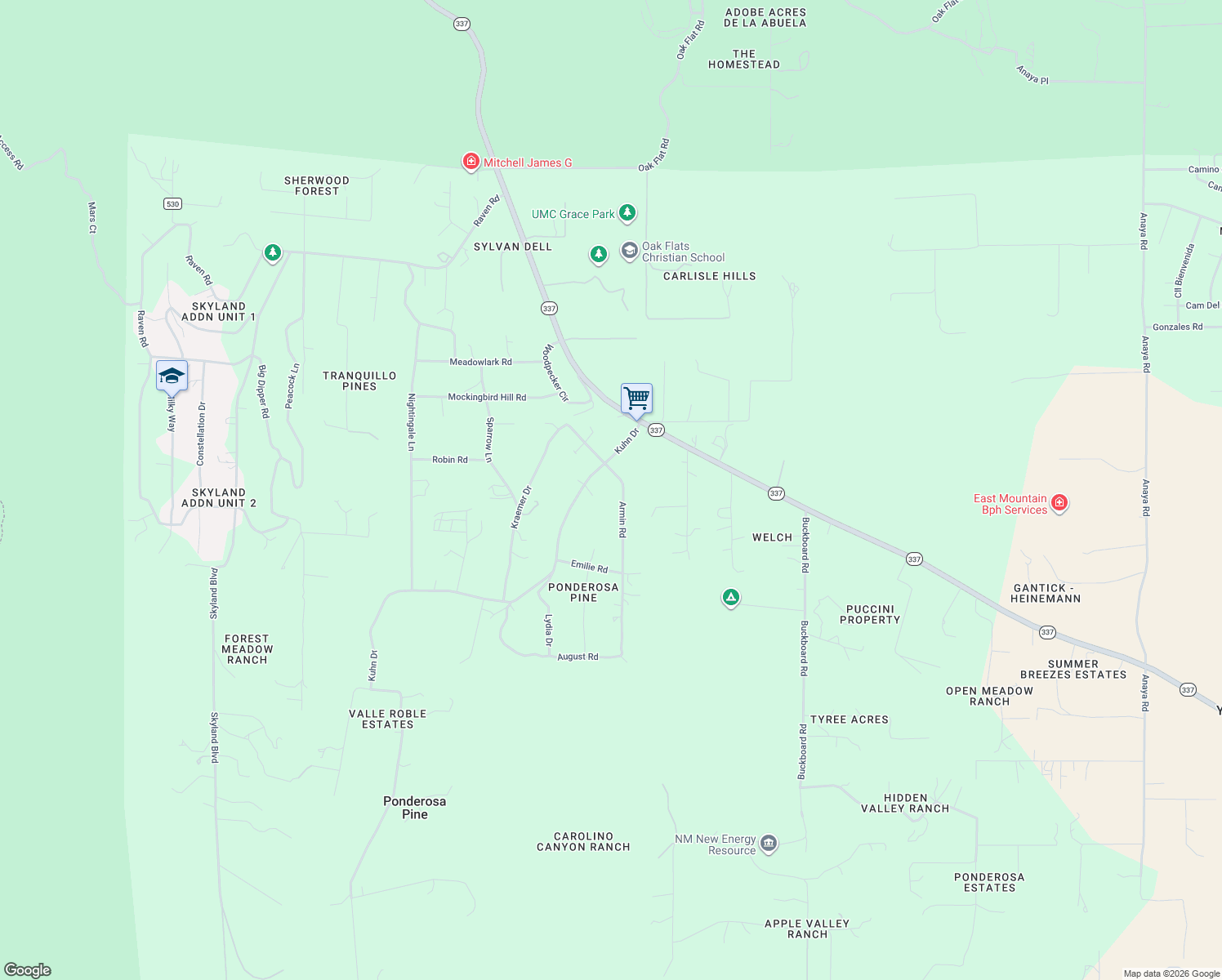 map of restaurants, bars, coffee shops, grocery stores, and more near 26 Armin Road in Tijeras