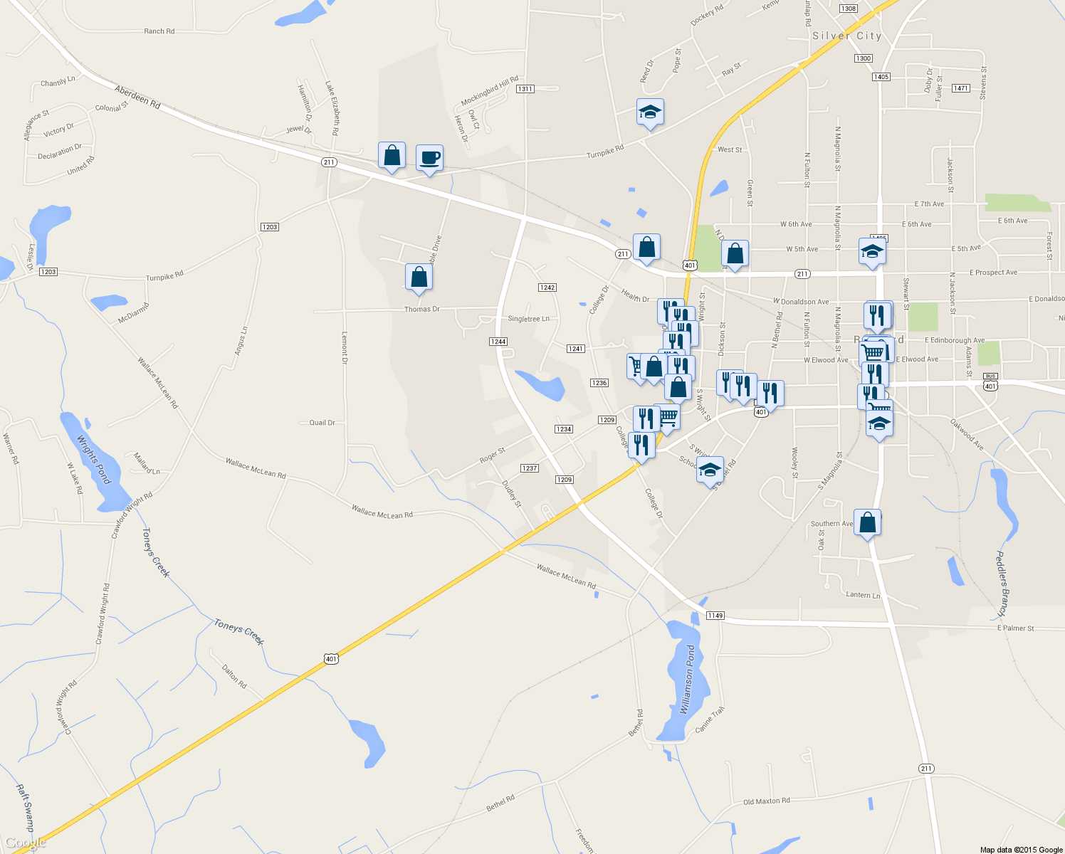 map of restaurants, bars, coffee shops, grocery stores, and more near 398 West Palmer Street in Raeford