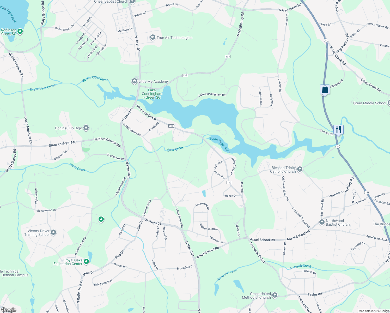 map of restaurants, bars, coffee shops, grocery stores, and more near 63 Caleb Drive in Greer