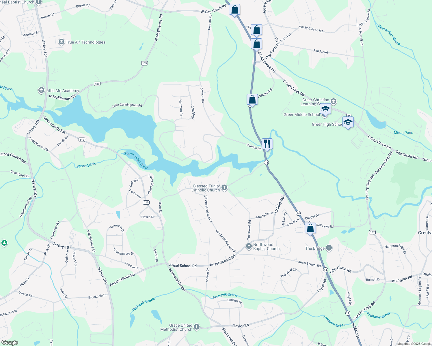 map of restaurants, bars, coffee shops, grocery stores, and more near 17 Cunningham Point Court in Greer