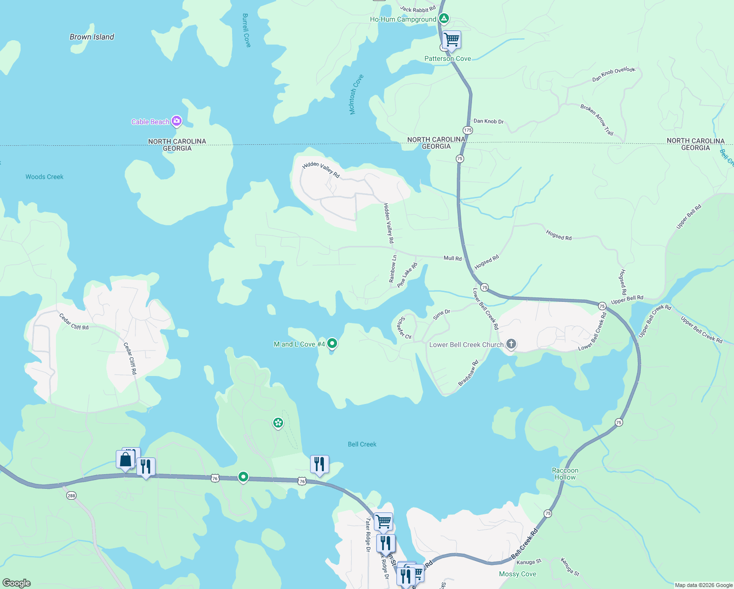 map of restaurants, bars, coffee shops, grocery stores, and more near 2015 Pine Lake Road in Hiawassee