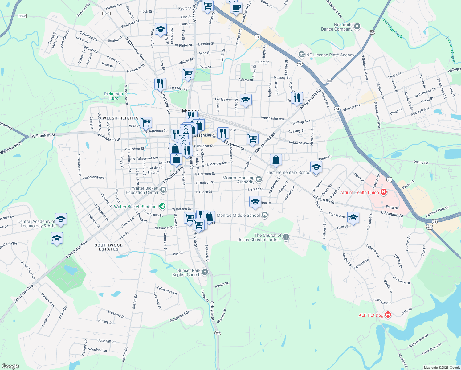 map of restaurants, bars, coffee shops, grocery stores, and more near 508 Maurice Street in Monroe