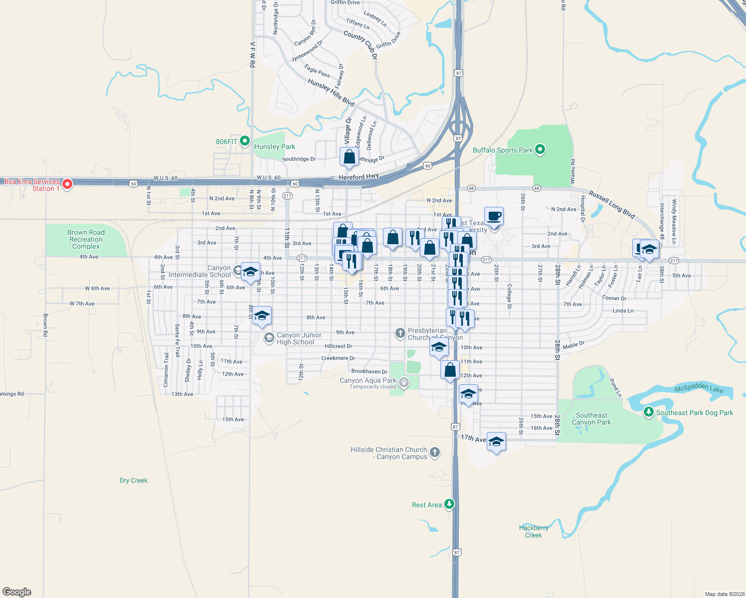 map of restaurants, bars, coffee shops, grocery stores, and more near 1619 7th Ave in Canyon