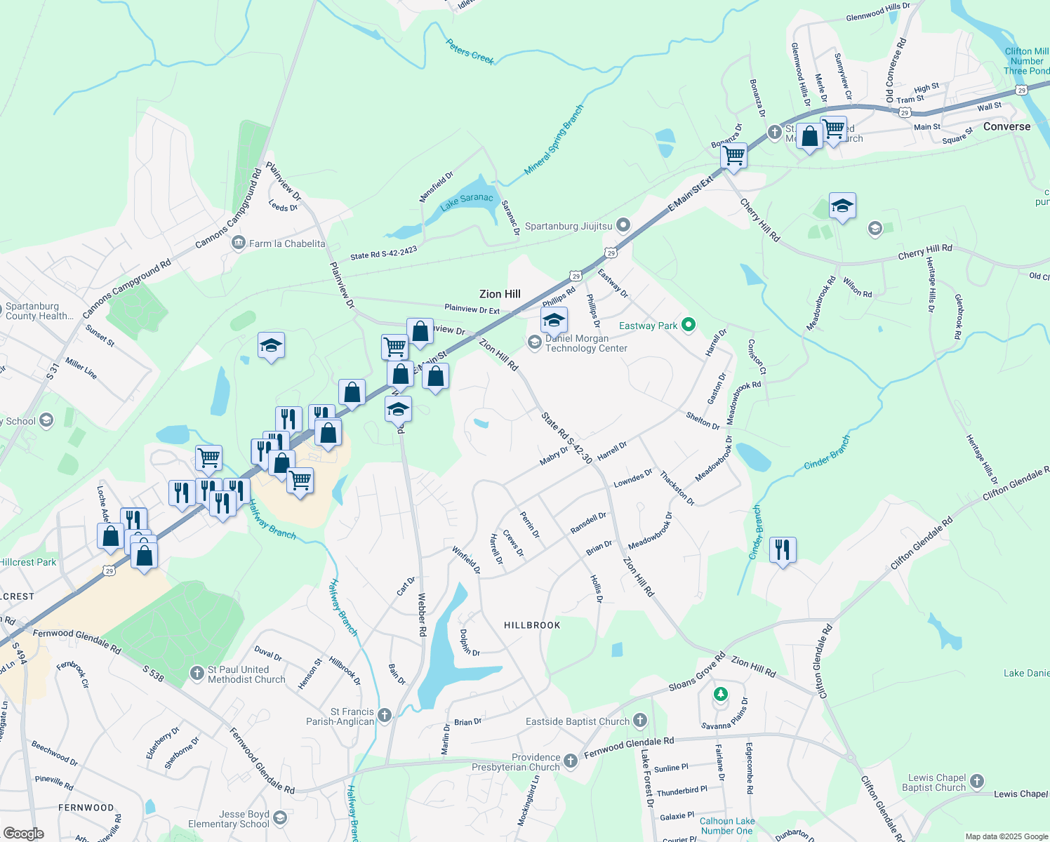map of restaurants, bars, coffee shops, grocery stores, and more near 205 Cypress Creek Drive in Spartanburg