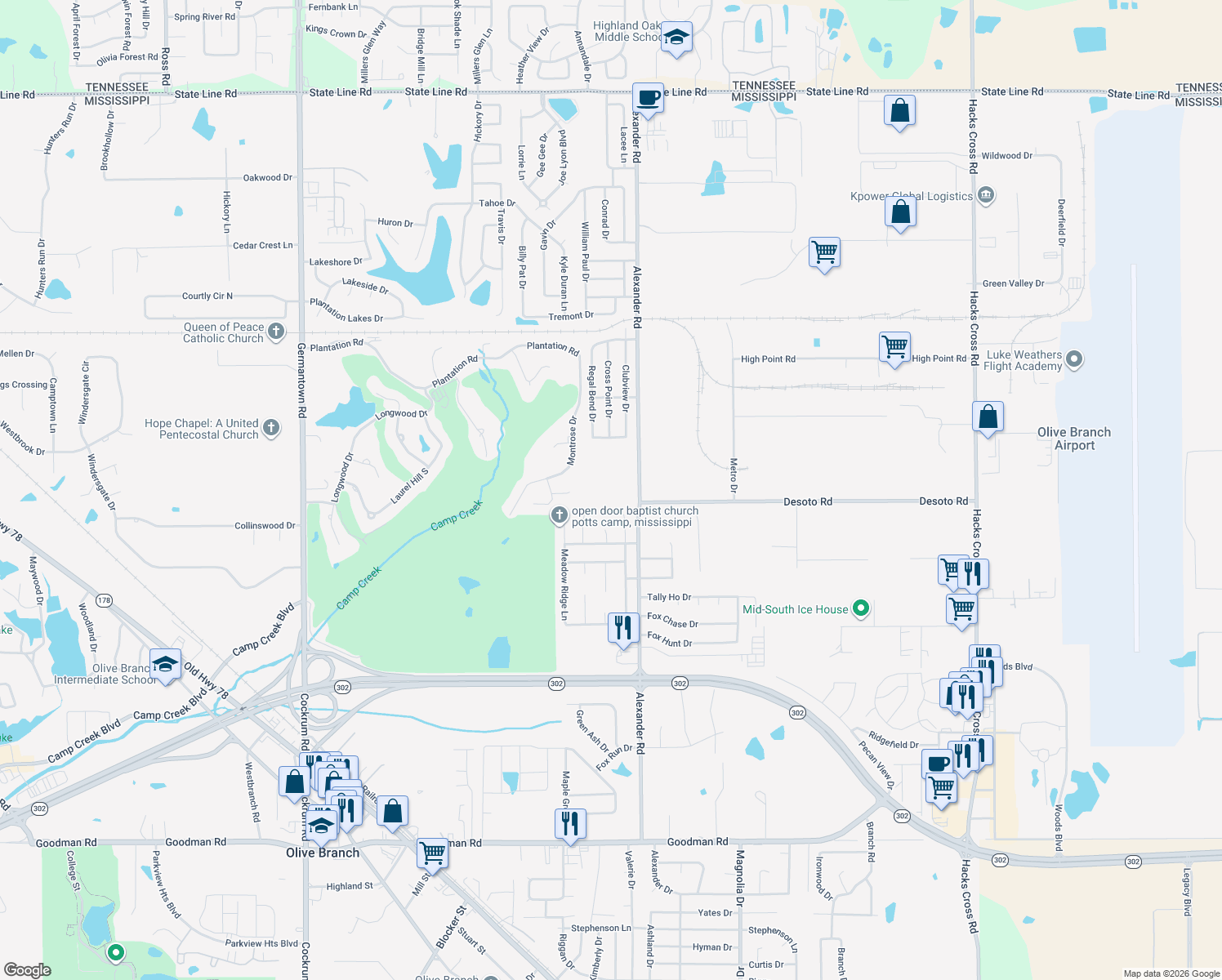 map of restaurants, bars, coffee shops, grocery stores, and more near 8031 Alexander Road in Olive Branch