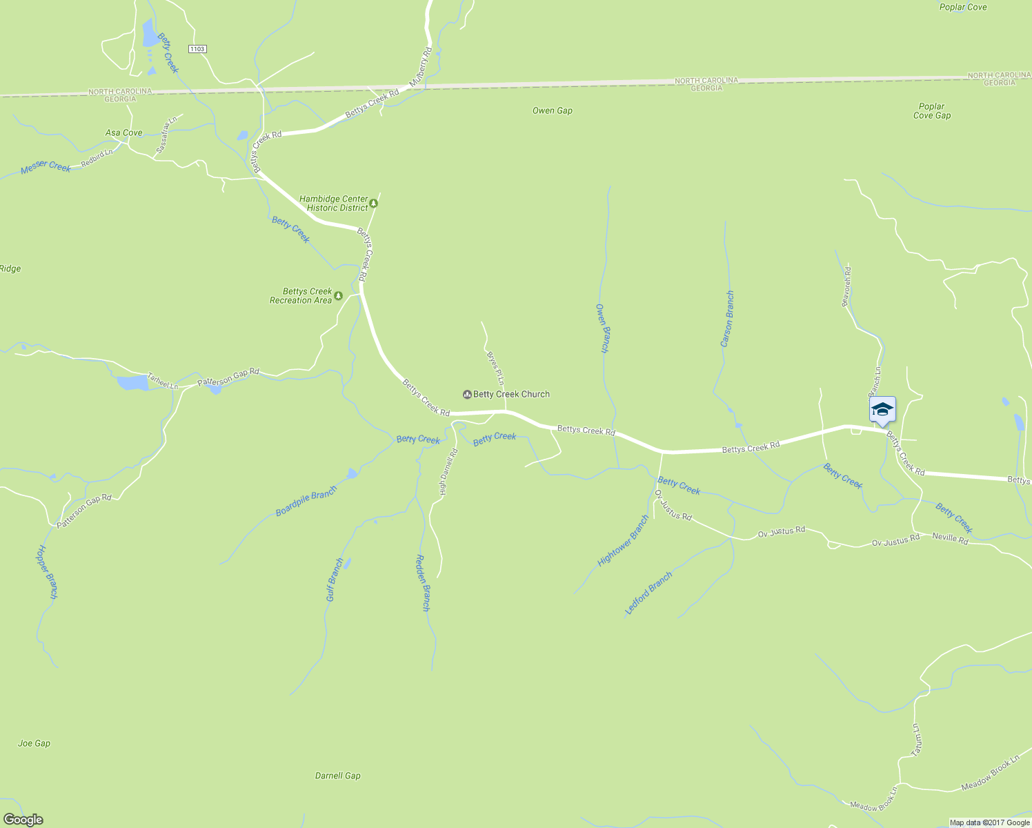 map of restaurants, bars, coffee shops, grocery stores, and more near Bettys Creek Road in Rabun Gap