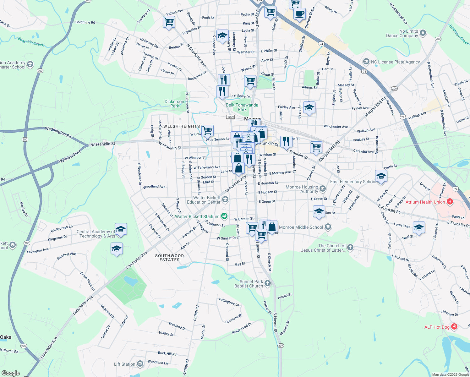 map of restaurants, bars, coffee shops, grocery stores, and more near 301 Lancaster Ave in Monroe