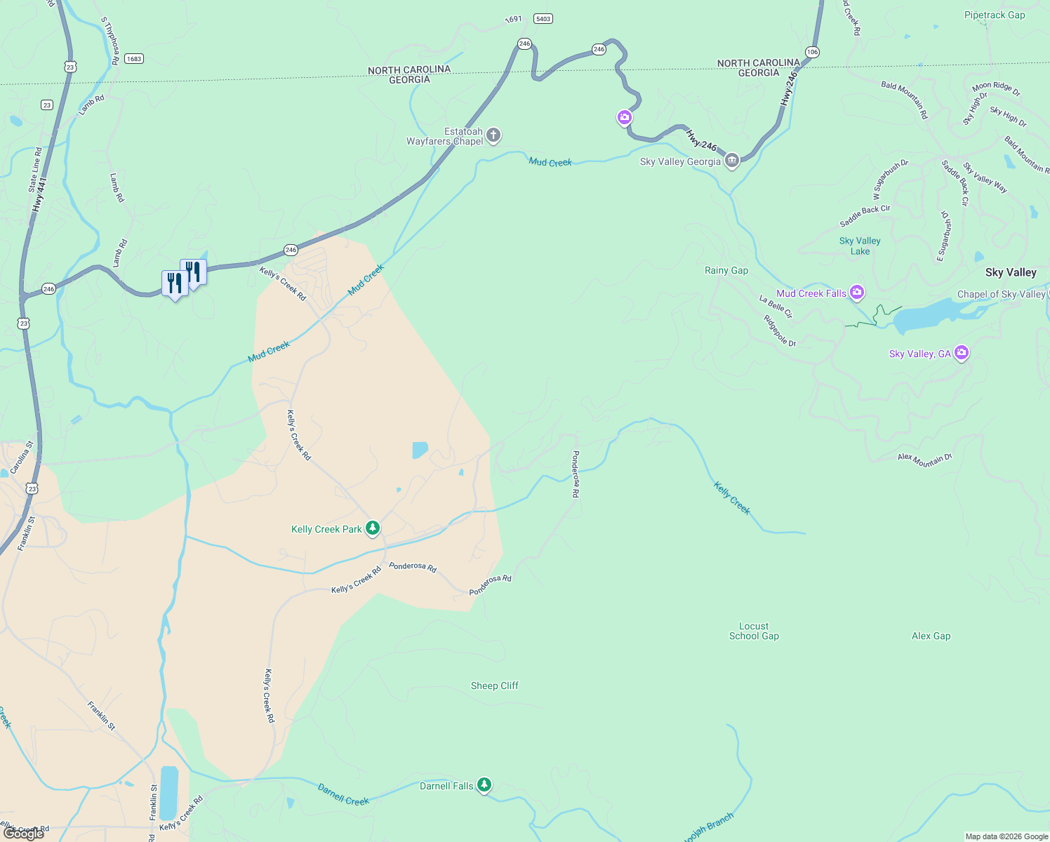 map of restaurants, bars, coffee shops, grocery stores, and more near 116 Cub Lane in Rabun Gap