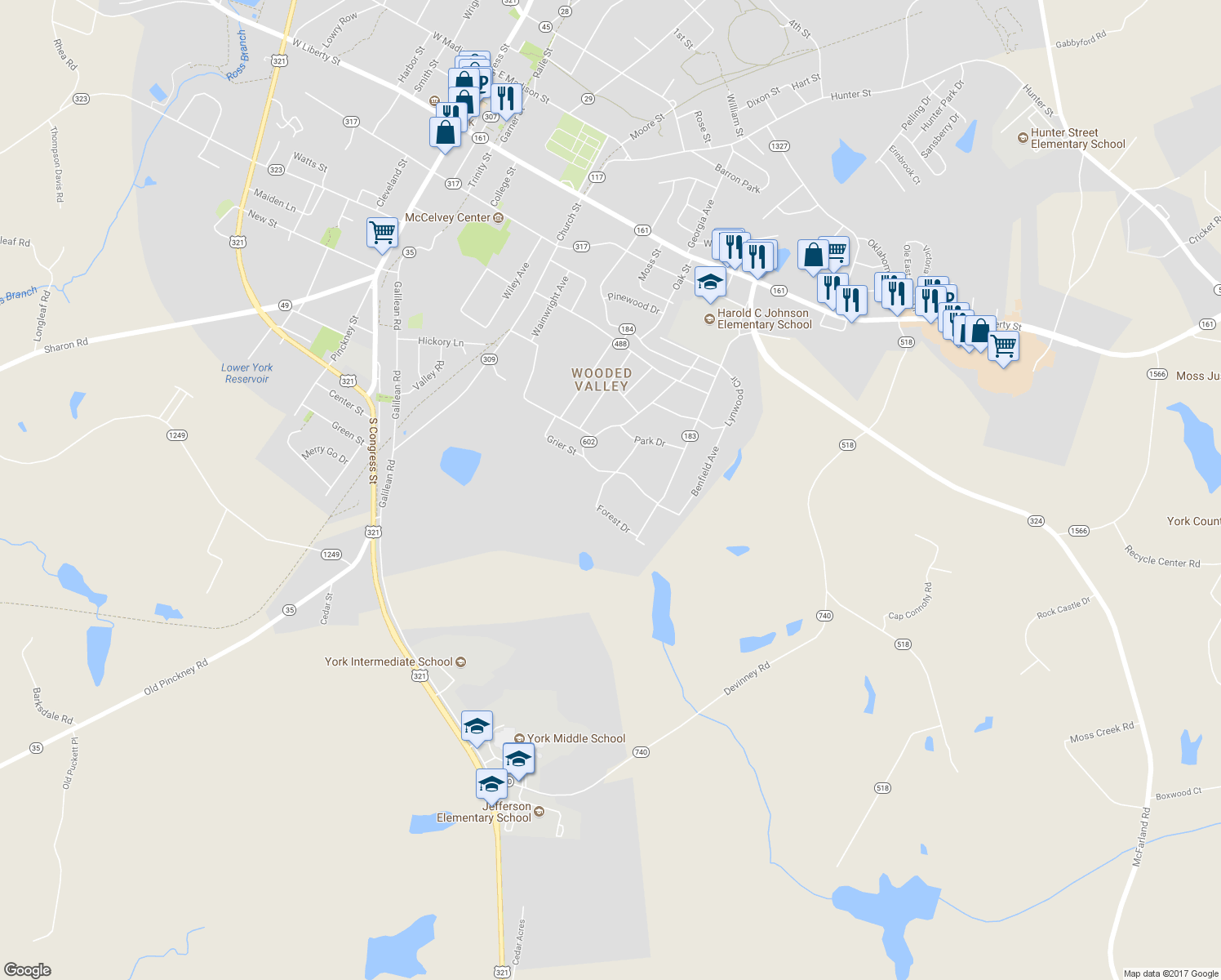 map of restaurants, bars, coffee shops, grocery stores, and more near 408 Forest Drive in York