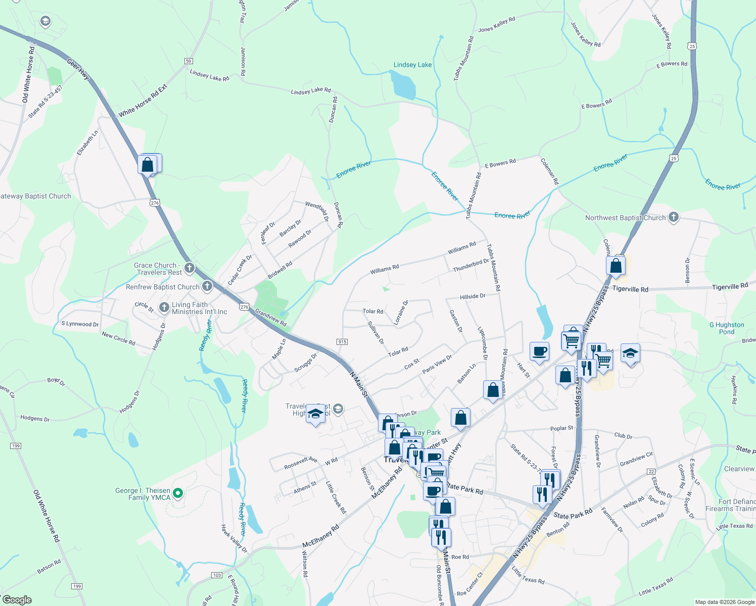 map of restaurants, bars, coffee shops, grocery stores, and more near 420 Tolar Road in Travelers Rest