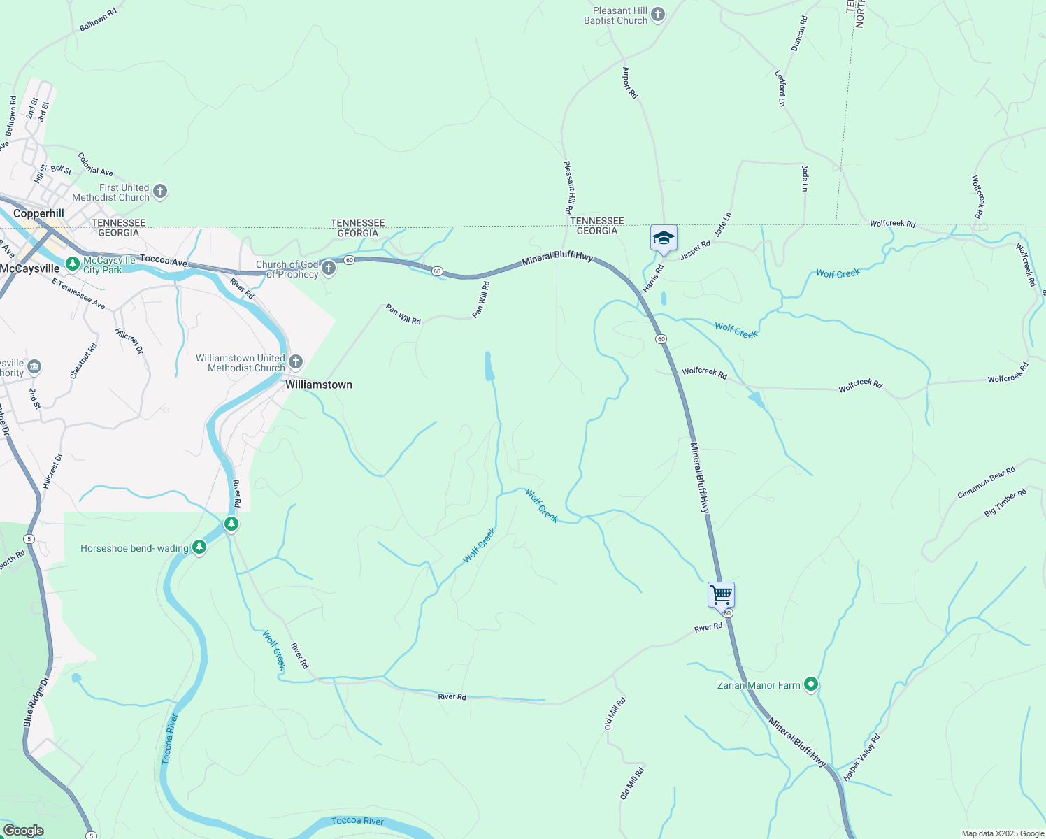 map of restaurants, bars, coffee shops, grocery stores, and more near 172 Wolf Creek Heights in Mineral Bluff