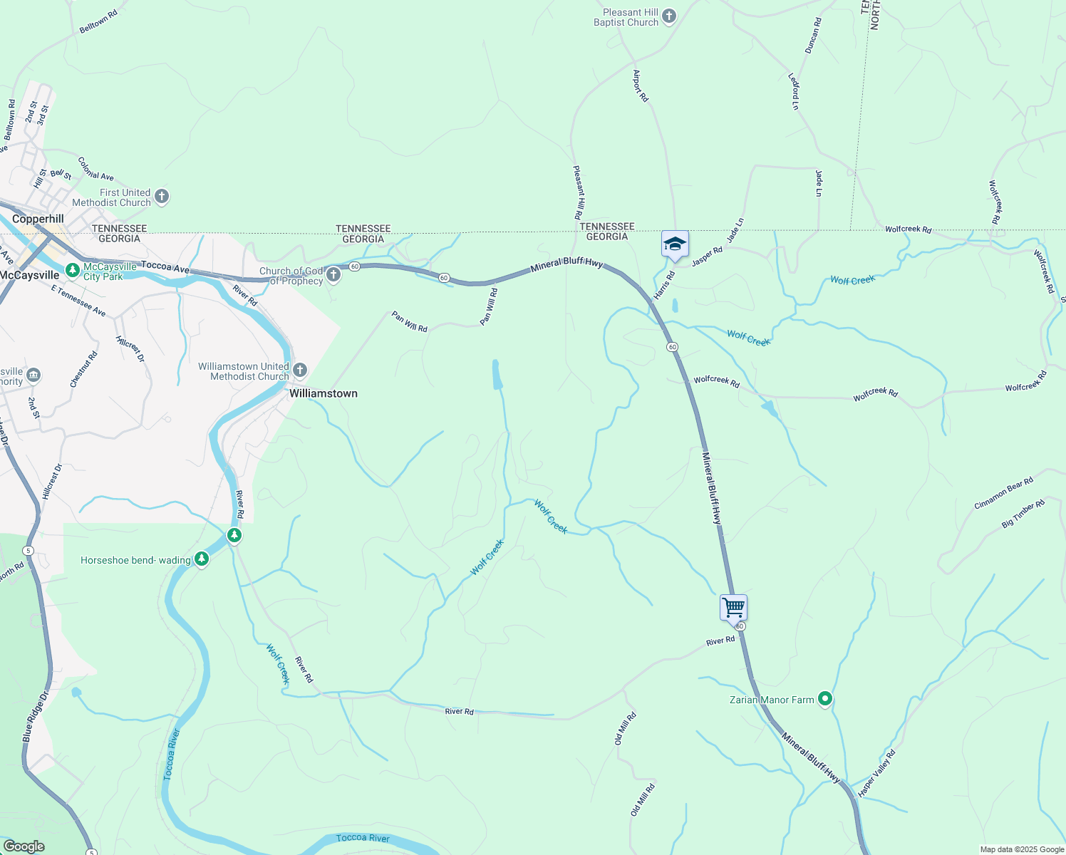 map of restaurants, bars, coffee shops, grocery stores, and more near 172 Wolf Creek Heights in Mineral Bluff
