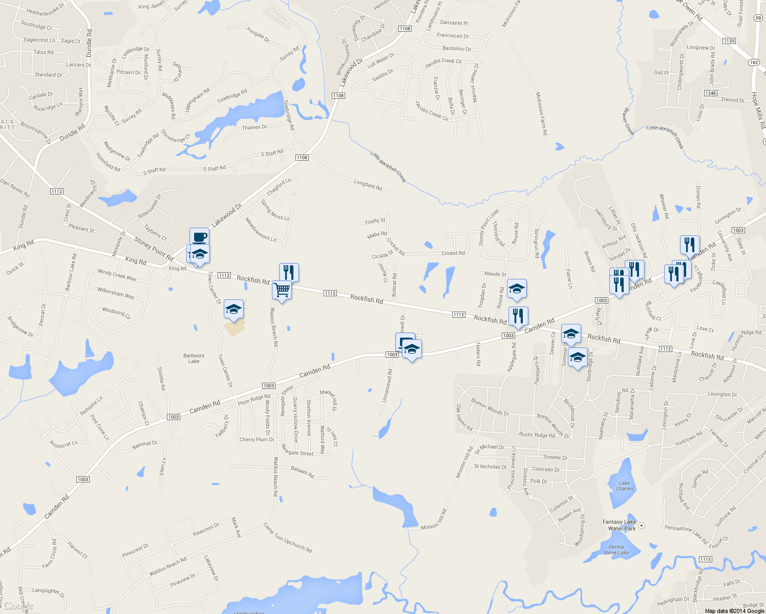 map of restaurants, bars, coffee shops, grocery stores, and more near 6951 Rockfish Road in Fayetteville