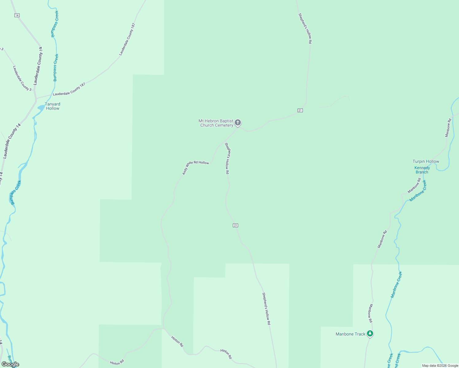 map of restaurants, bars, coffee shops, grocery stores, and more near Shepherd's Hollow Road in Lauderdale County