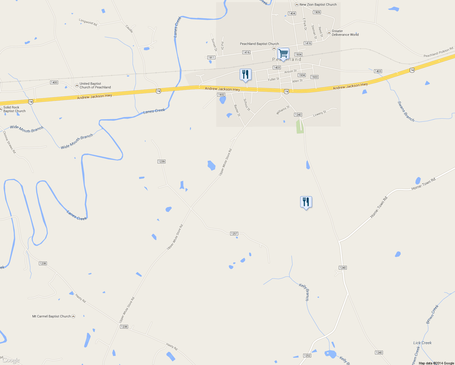 map of restaurants, bars, coffee shops, grocery stores, and more near 843 Upper White Store Road in Peachland