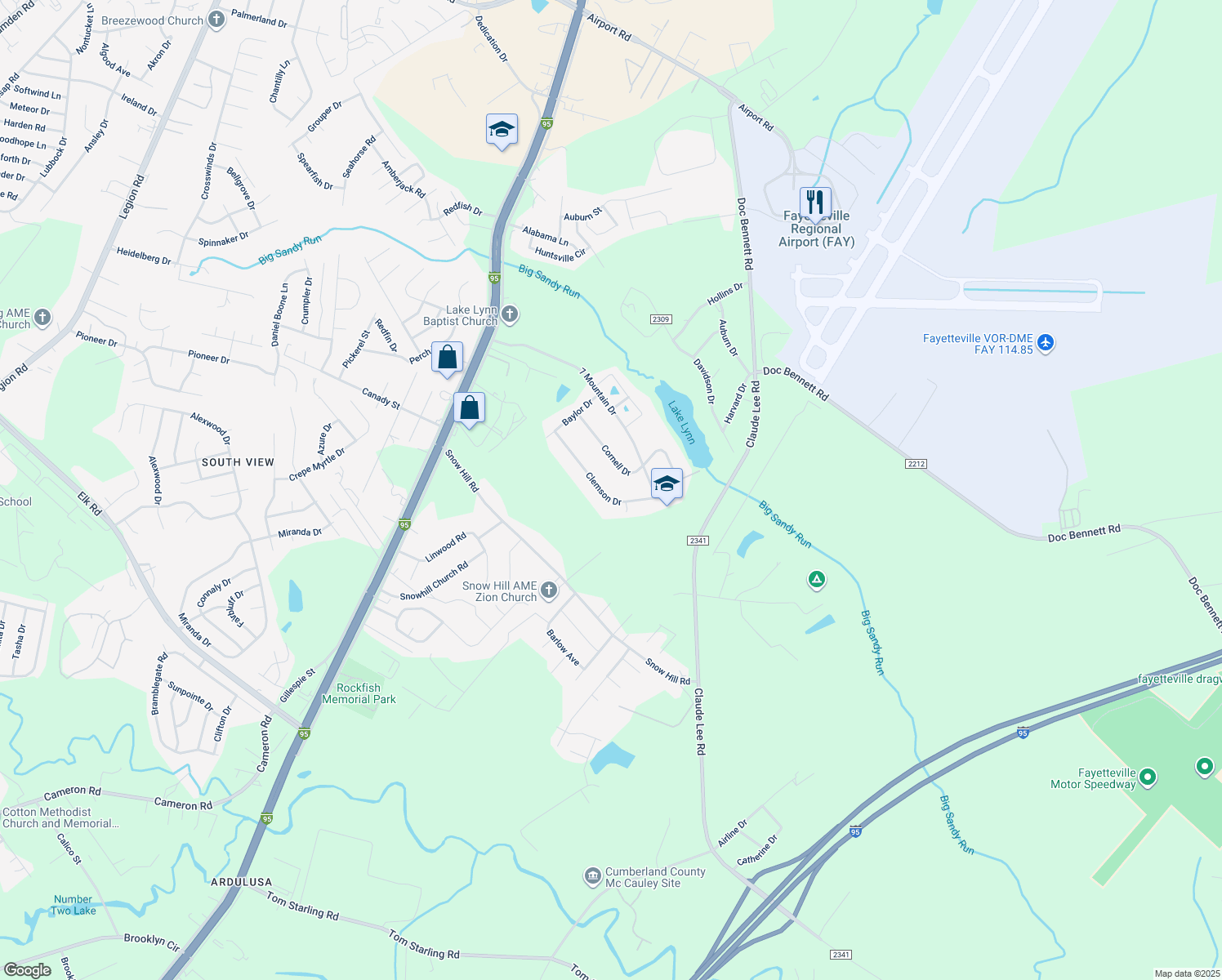 map of restaurants, bars, coffee shops, grocery stores, and more near 3349 Clemson Drive in Fayetteville