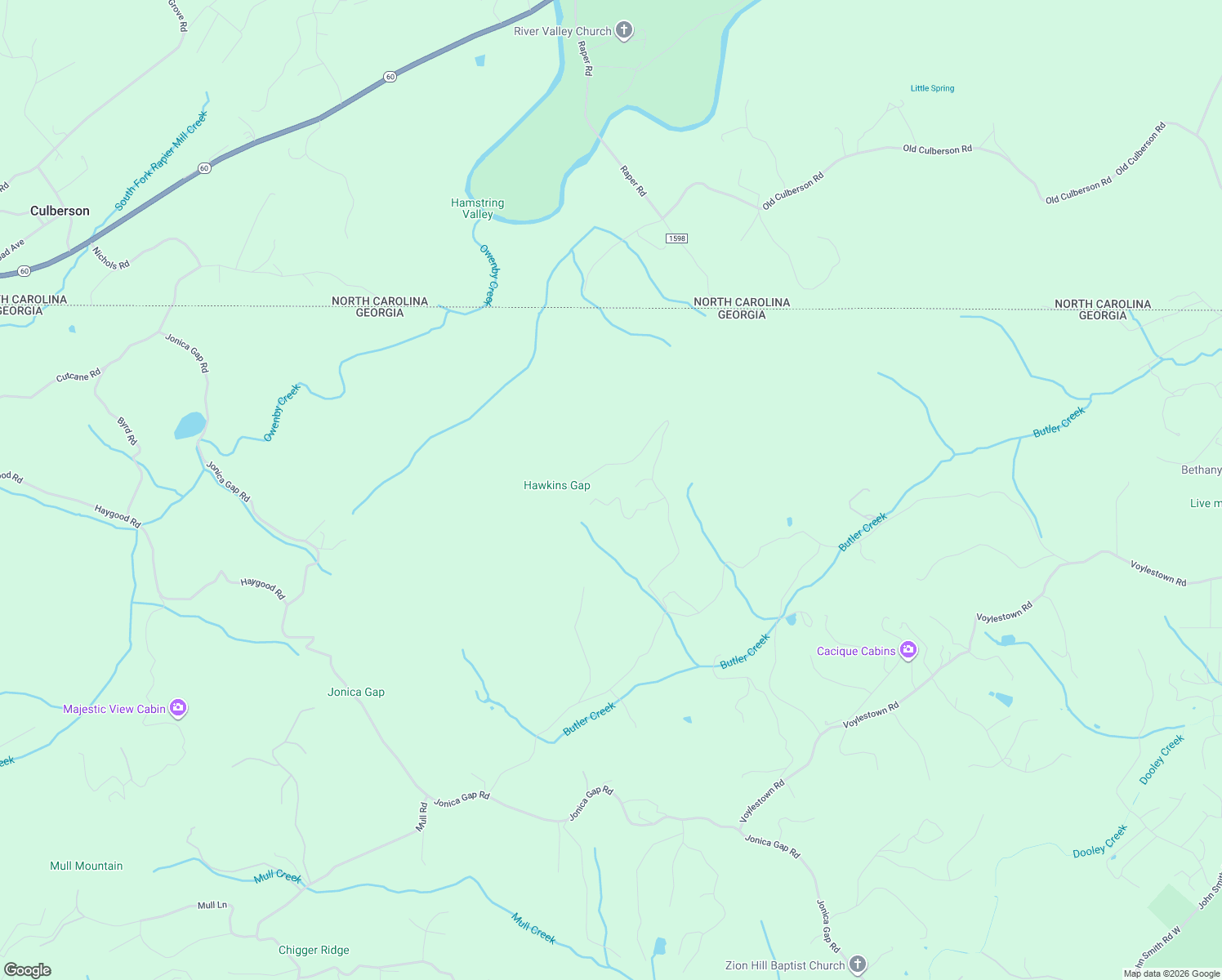 map of restaurants, bars, coffee shops, grocery stores, and more near 10154 Burkensmyth Lane in Blairsville