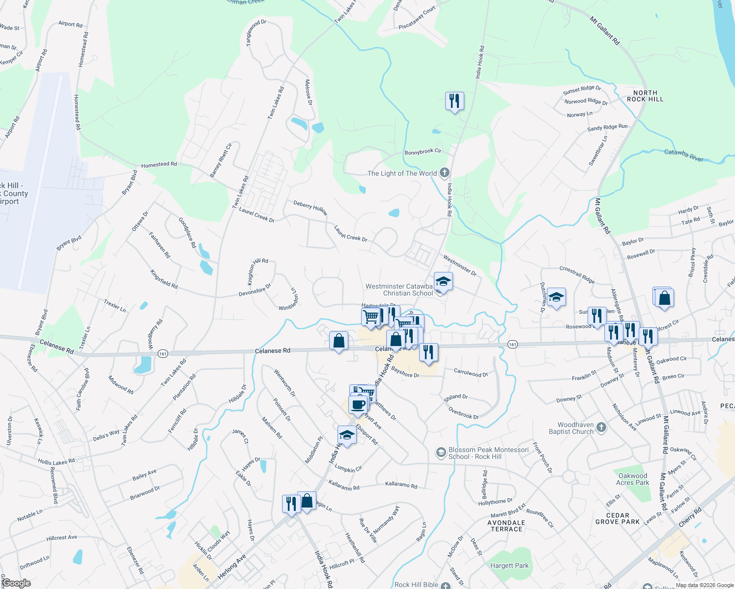 map of restaurants, bars, coffee shops, grocery stores, and more near 2638 Claxton Drive in Rock Hill