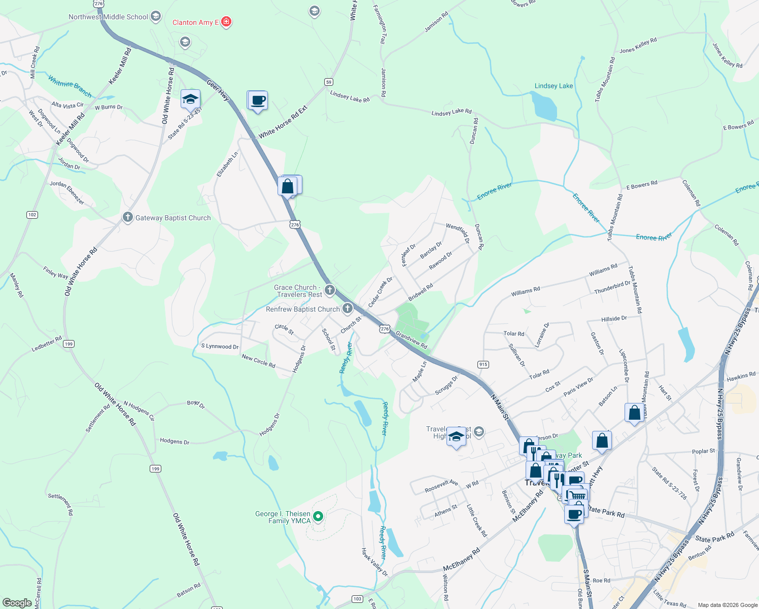 map of restaurants, bars, coffee shops, grocery stores, and more near 4 Bubbling Creek Drive in Travelers Rest