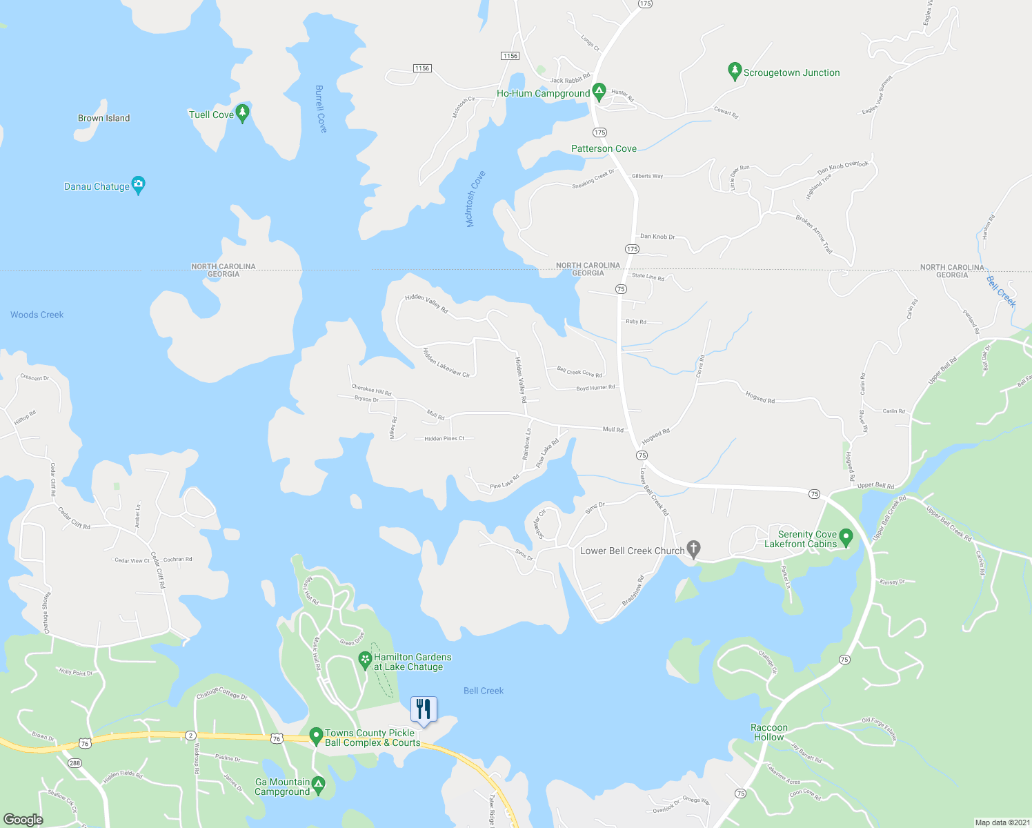 map of restaurants, bars, coffee shops, grocery stores, and more near 710 Mull Road in Hiawassee