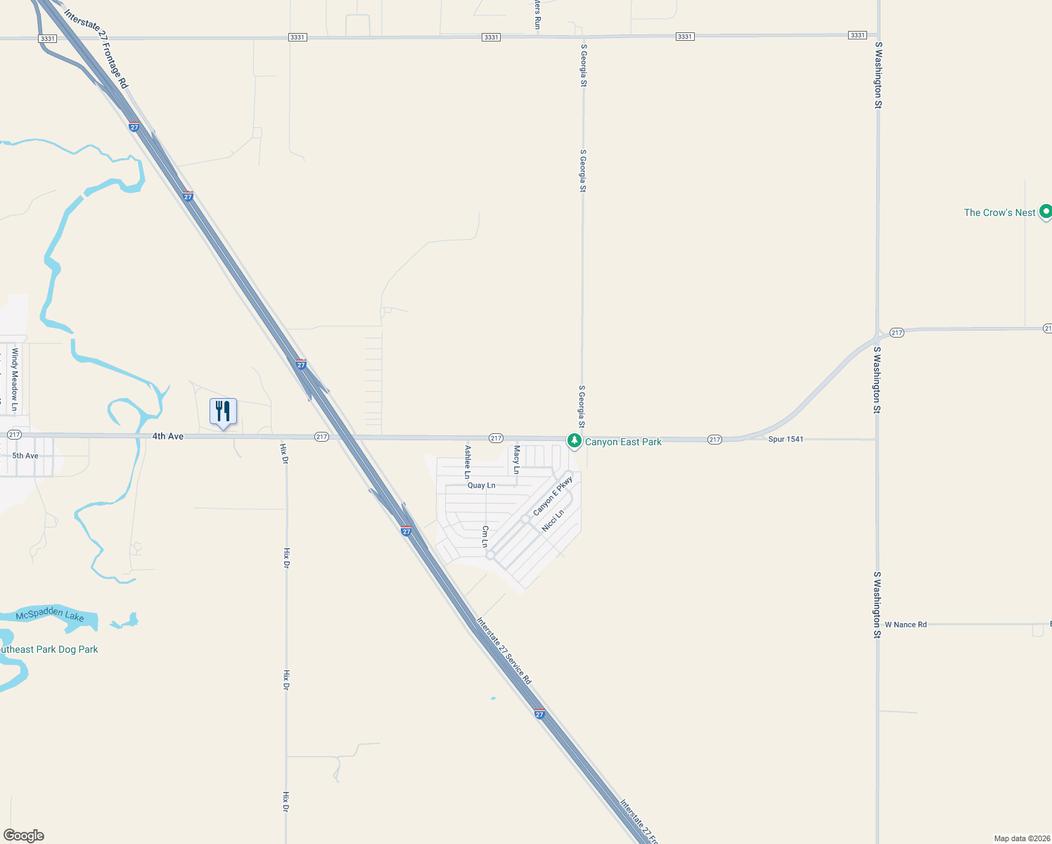 map of restaurants, bars, coffee shops, grocery stores, and more near 2850 West State Highway 217 in Canyon