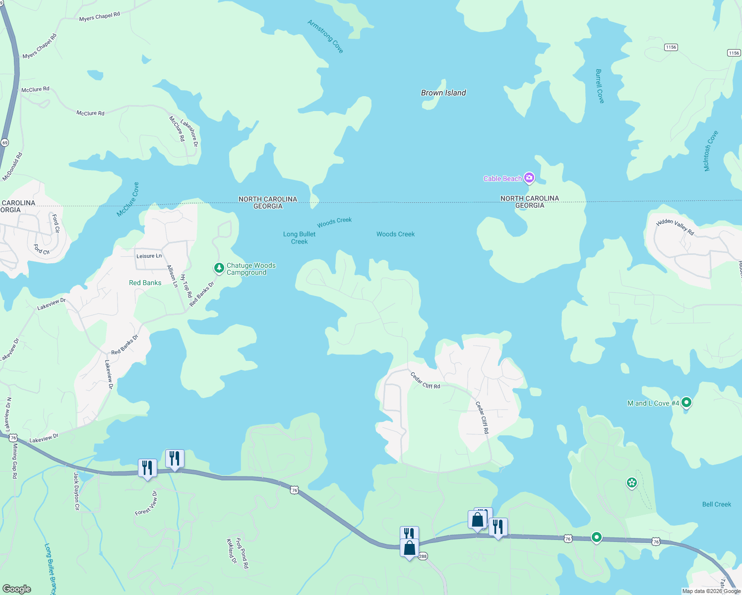 map of restaurants, bars, coffee shops, grocery stores, and more near 2021 Crescent Drive in Hiawassee