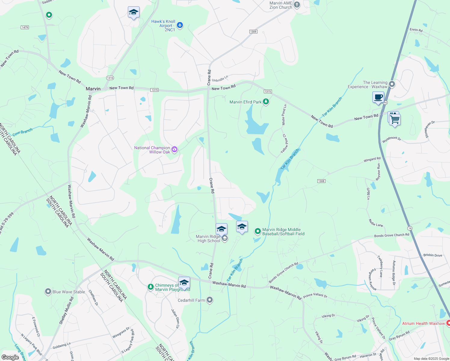 map of restaurants, bars, coffee shops, grocery stores, and more near 9109 Spratt Ln in Waxhaw