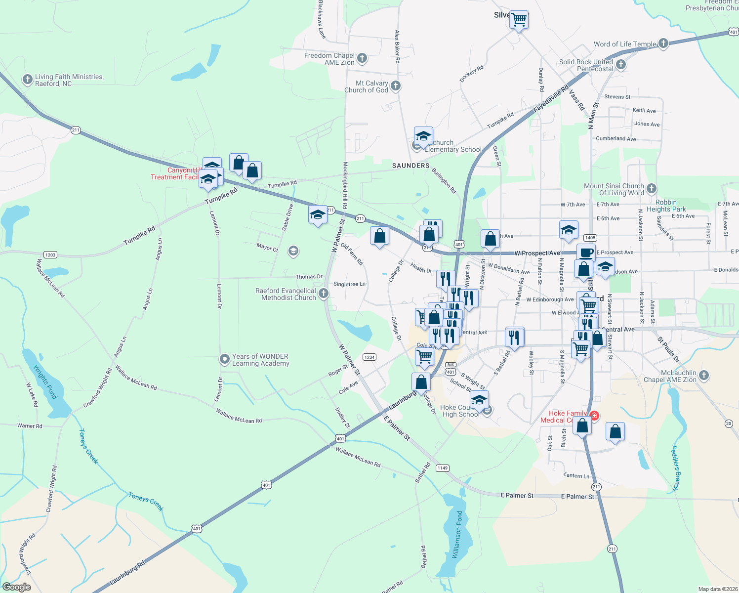 map of restaurants, bars, coffee shops, grocery stores, and more near 206 Old Farm Rd in Raeford