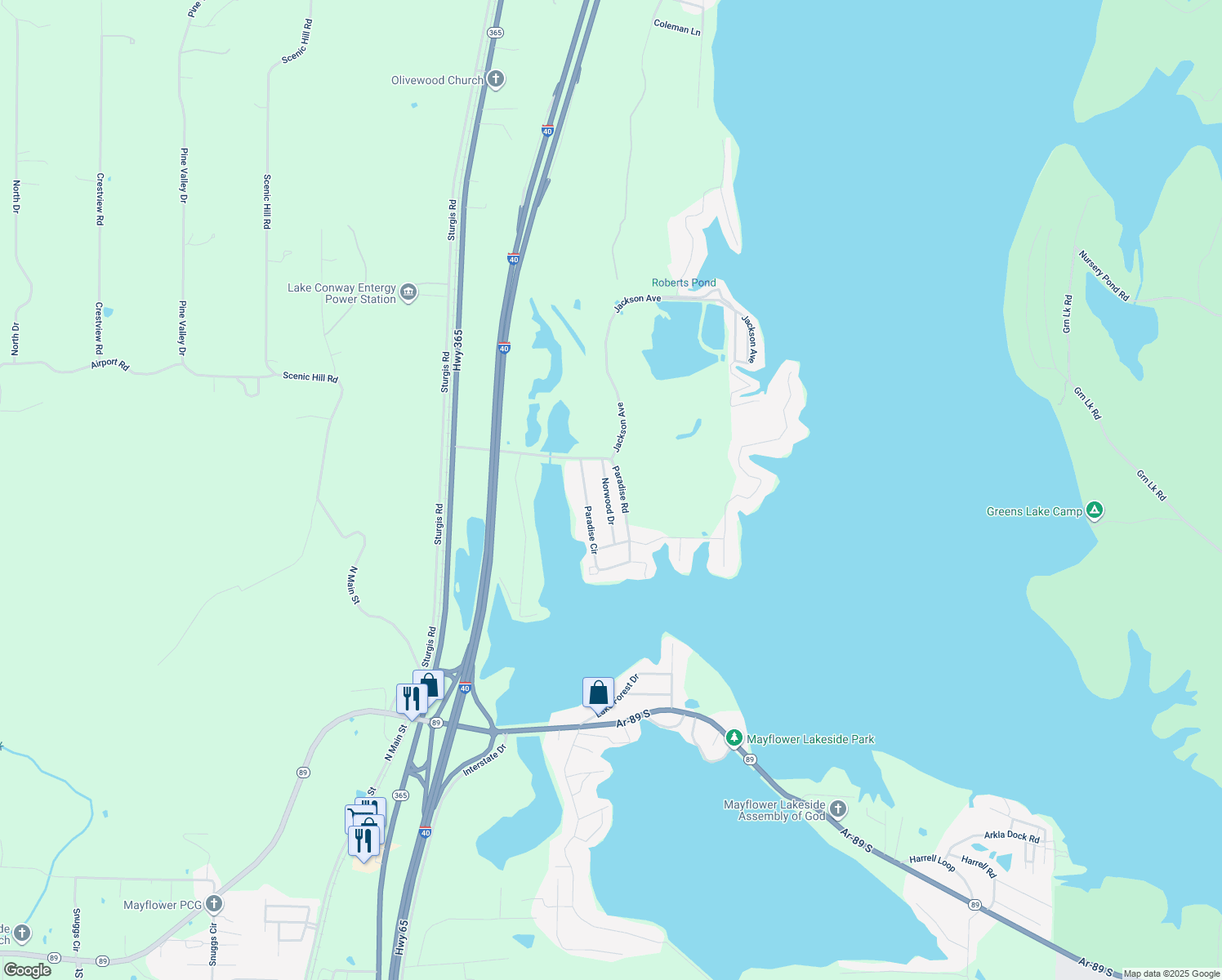 map of restaurants, bars, coffee shops, grocery stores, and more near 78 Paradise Road in Mayflower