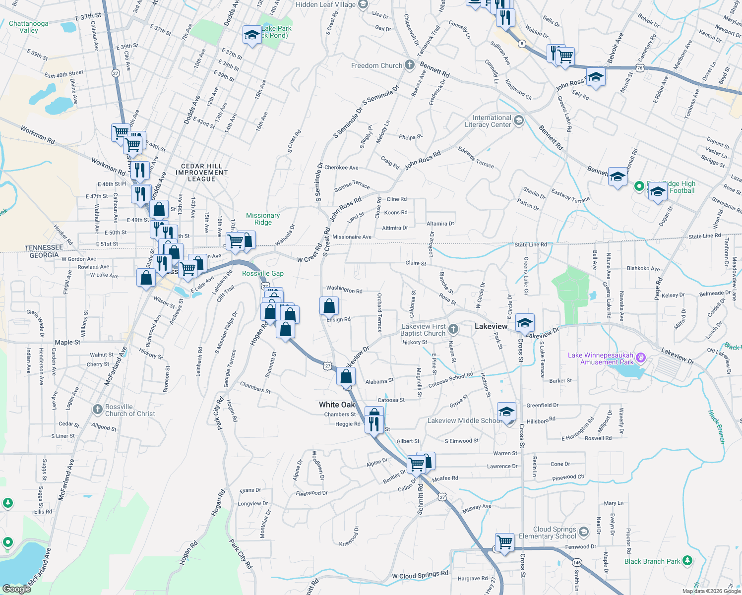 map of restaurants, bars, coffee shops, grocery stores, and more near 223 Washington Road in Rossville