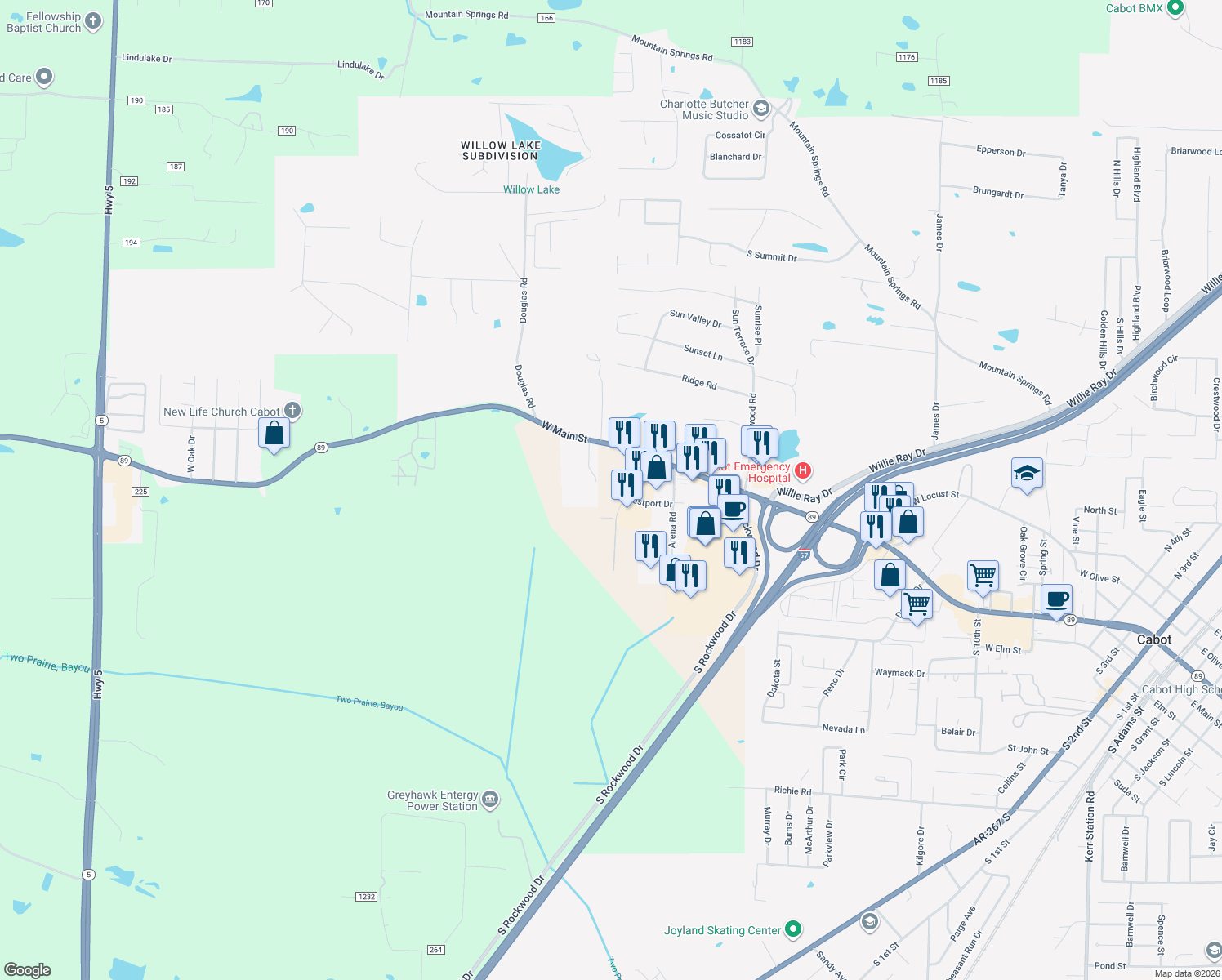 map of restaurants, bars, coffee shops, grocery stores, and more near 200 Northport Drive in Cabot